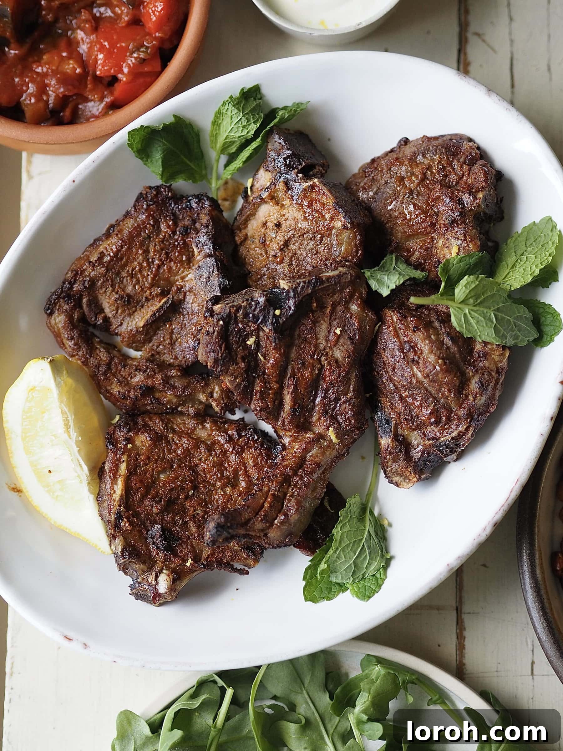 Perfectly cooked air fryer lamb chops on a white plate, ready to serve.