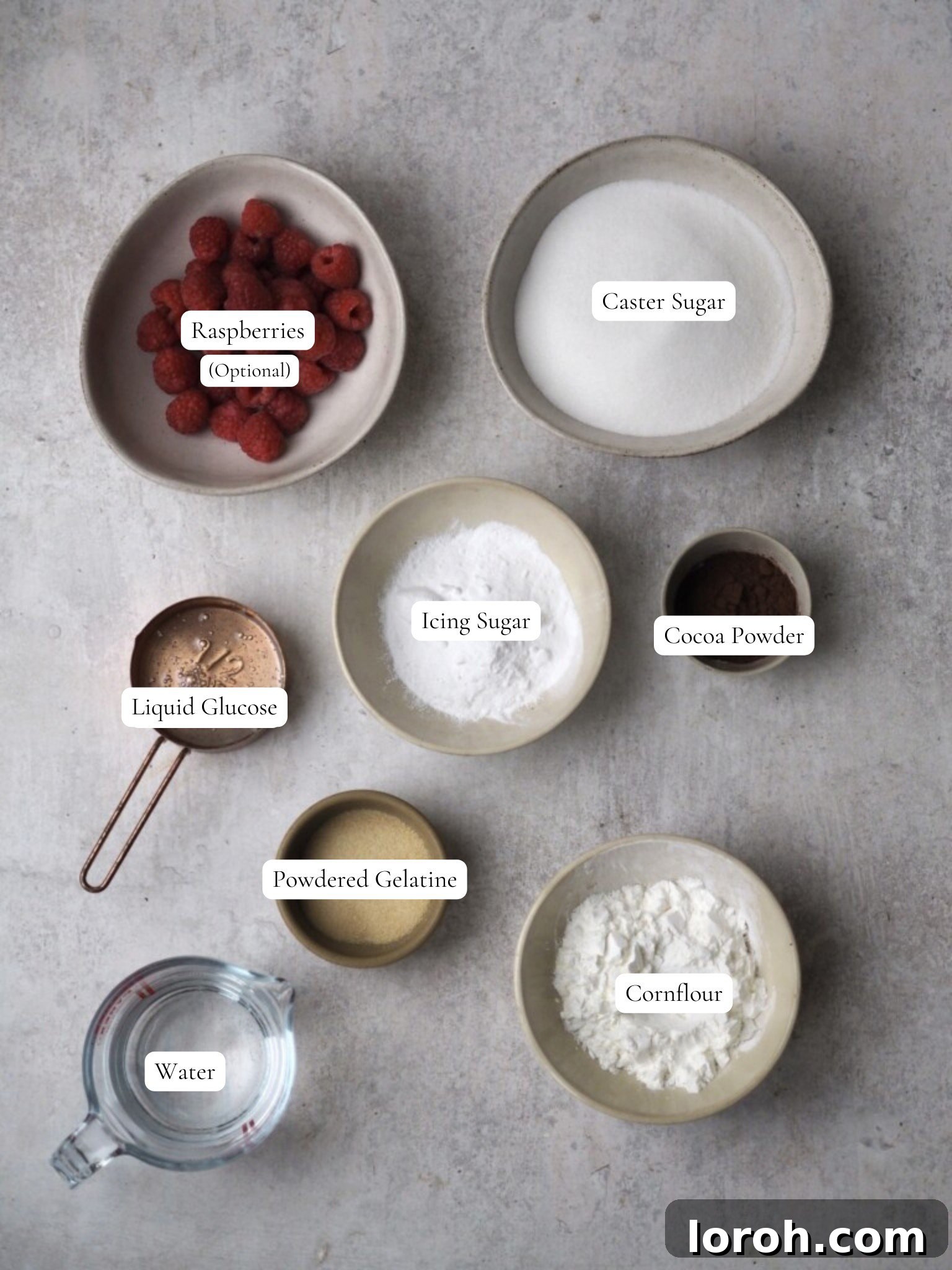 Labelled ingredients for making chocolate marshmallows.
