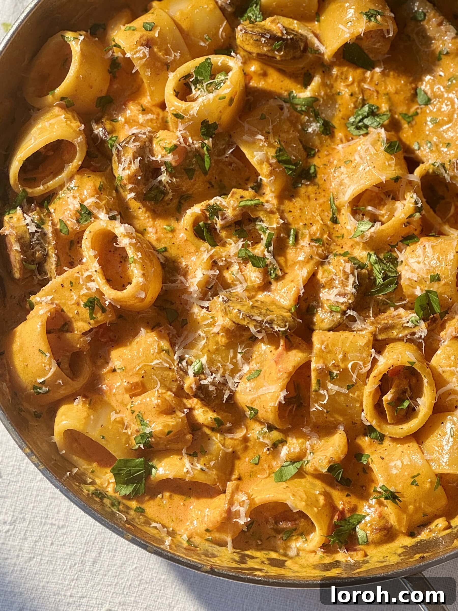 Smoky Chorizo Prawn Pasta 2 Delicious prawn and chorizo pasta in a gleaming stainless steel pan, ready to be served.