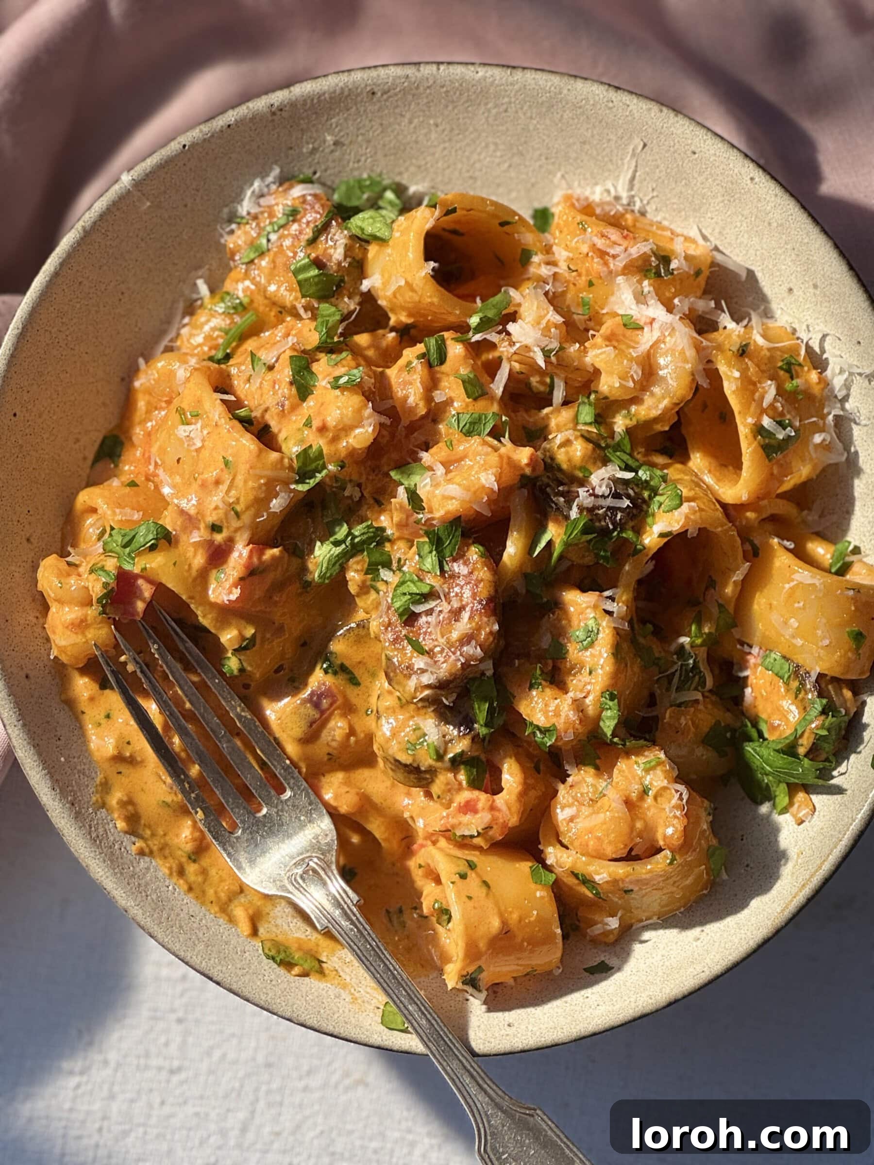 Smoky Chorizo Prawn Pasta 3 A beige bowl filled with creamy prawn and chorizo pasta, garnished with fresh herbs, ready to be enjoyed.