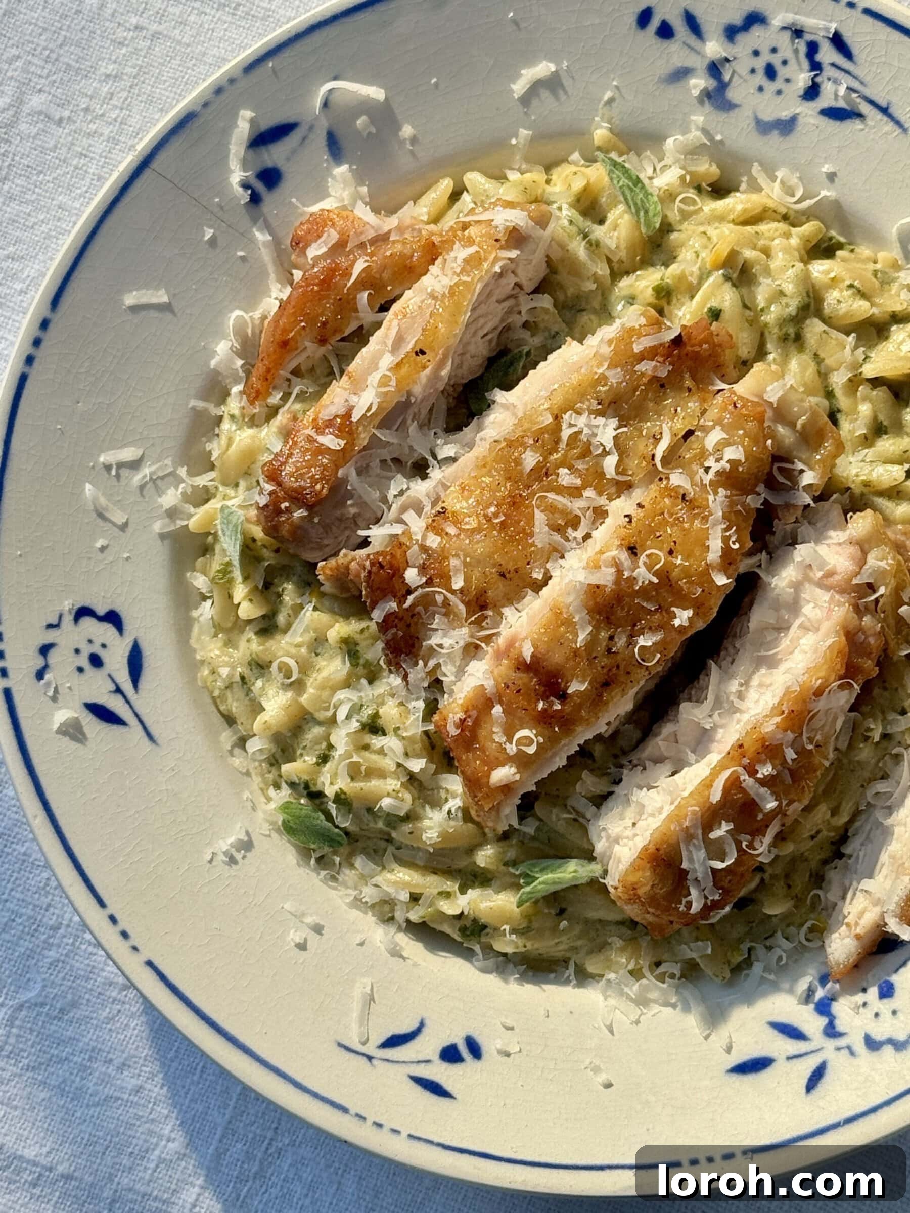 Zesty Lemon Chicken Orzo 2 lemon chicken orzo in a bowl with blue flowers, showcasing a vibrant and inviting dish.