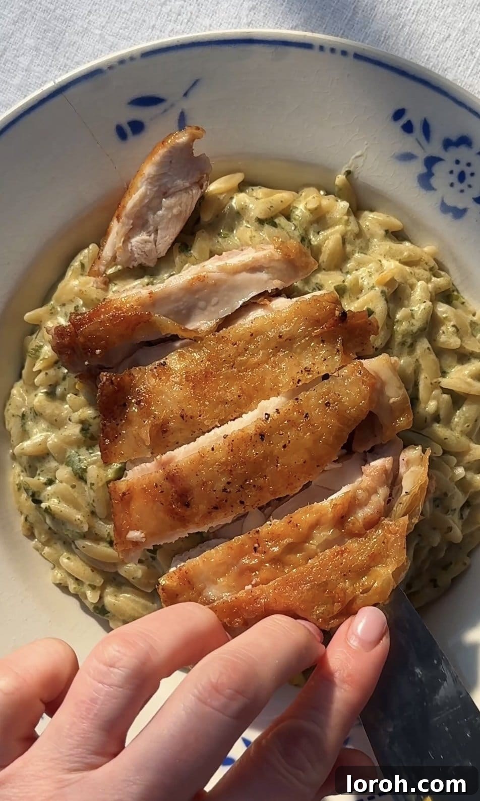 Zesty Lemon Chicken Orzo 11 topping the lemon orzo with sliced chicken, ready to serve.