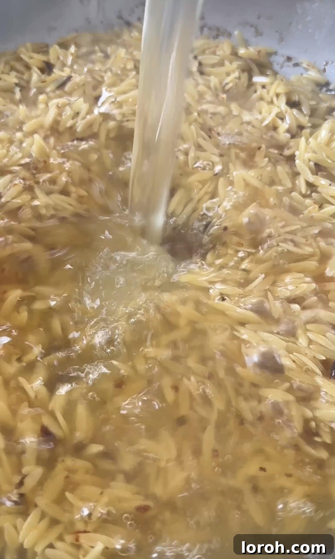 Zesty Lemon Chicken Orzo 8 adding chicken stock to the toasted orzo, beginning the cooking process.