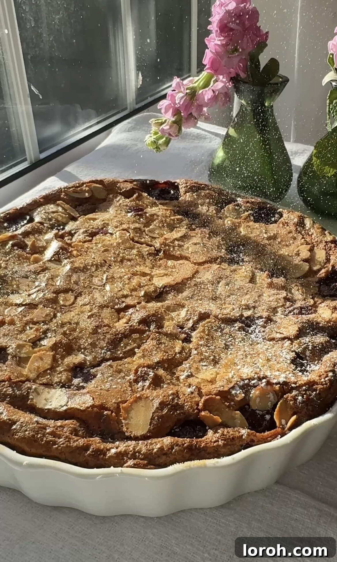 Classic French Cherry Clafoutis 11 Step eight: Dusting the baked Clafoutis aux Cerises with icing sugar before serving.