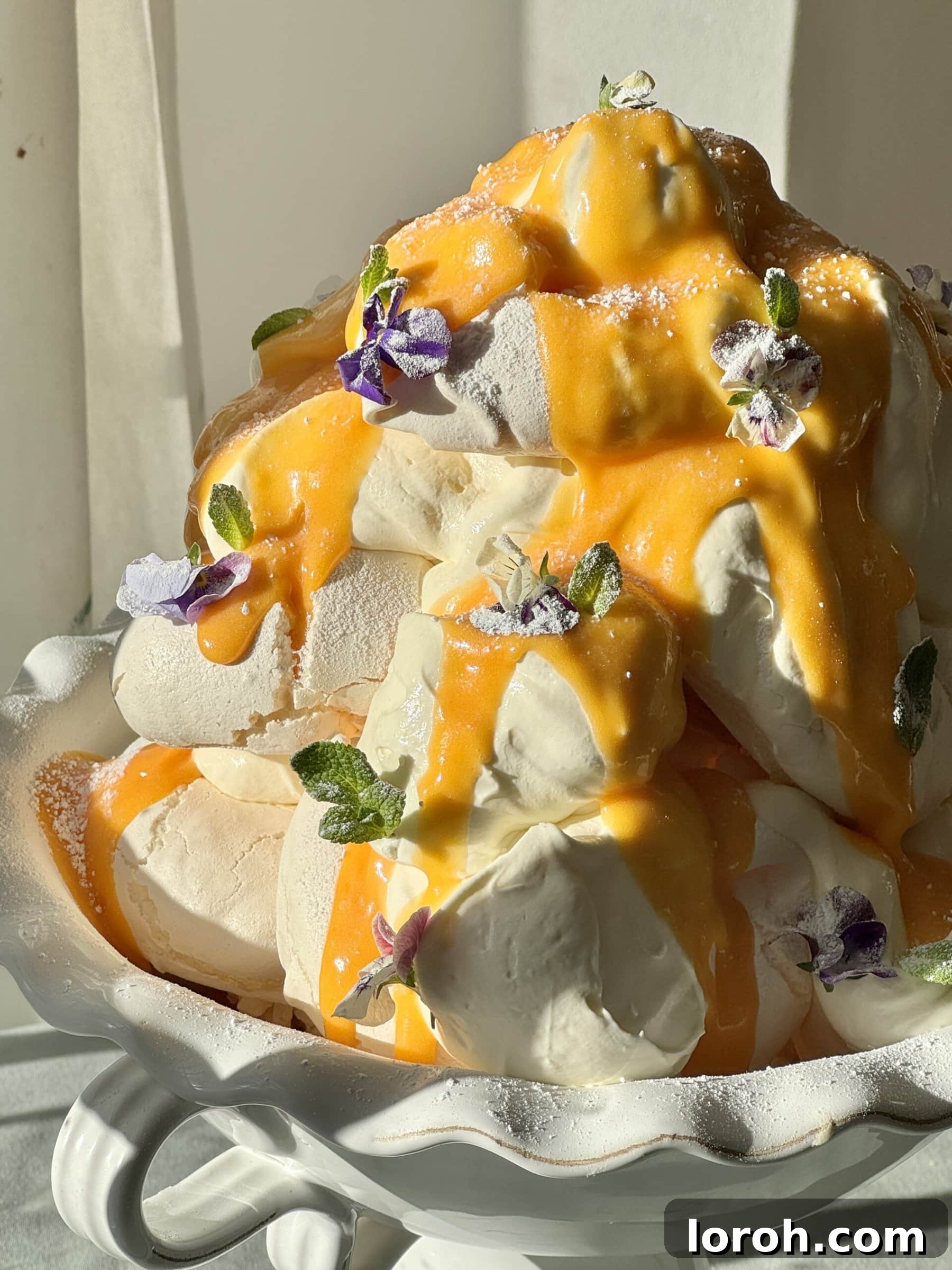 A stunning tower of lemon meringues adorned with bright lemon curd and delicate edible flowers, showcasing a magnificent dessert.
