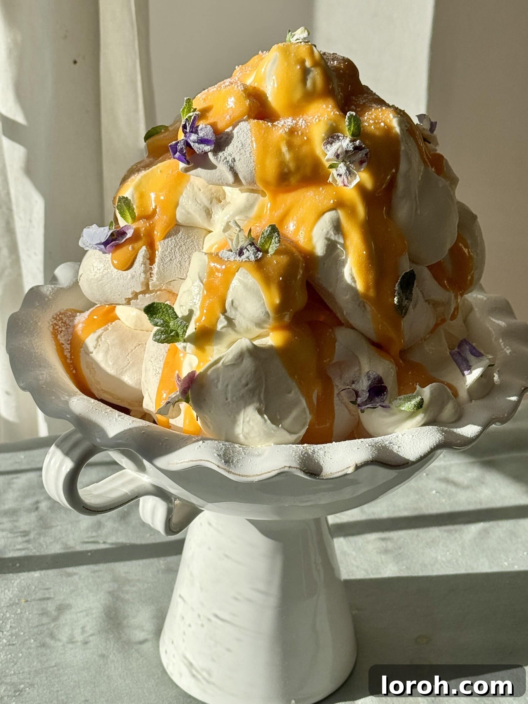 A stunning lemon meringue tower adorned with delicate edible flowers and rich, vibrant lemon curd layers, showcasing its versatility.