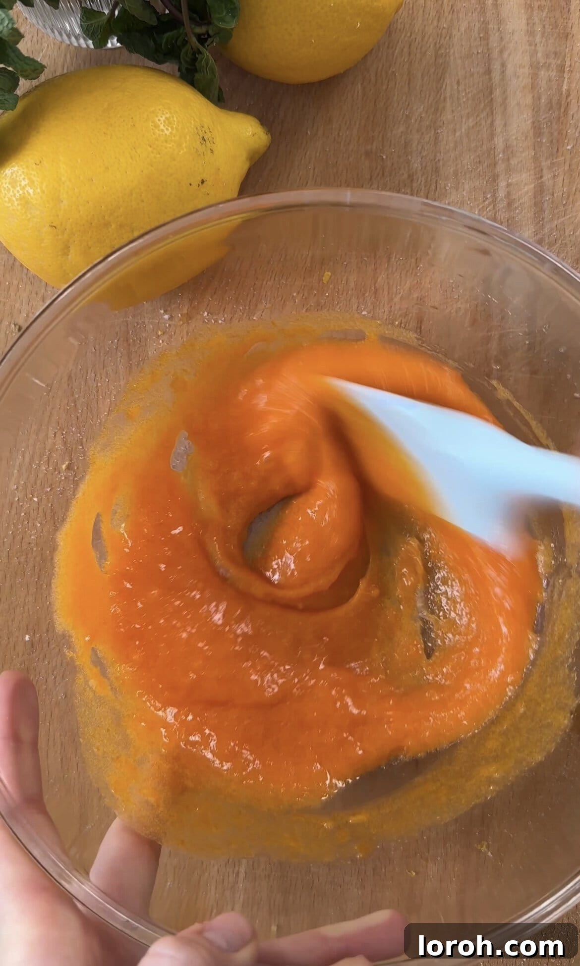 Vigorously beating egg yolks with the infused lemon sugar in a glass bowl until the mixture is pale and foamy.