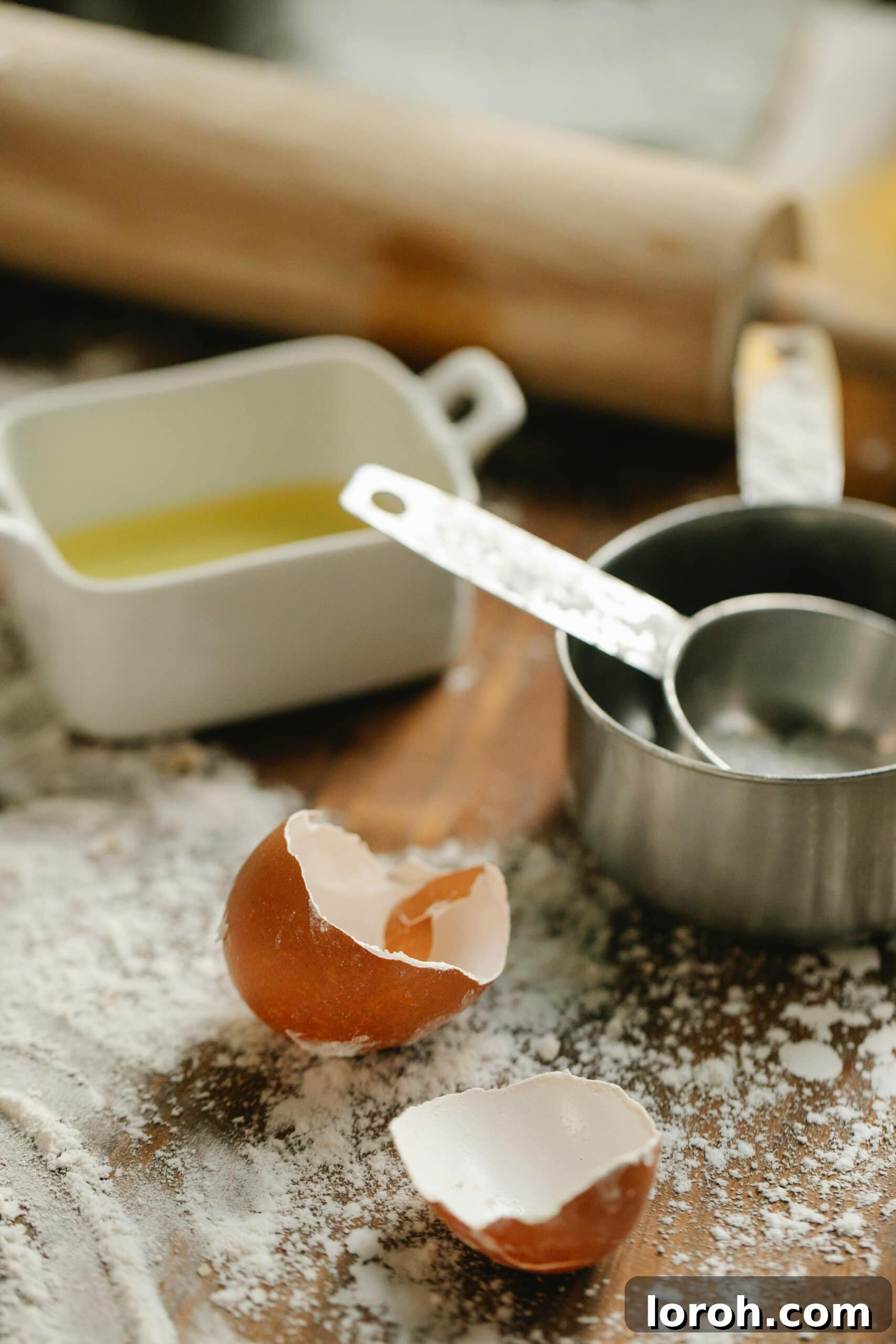 Close-up of egg shells and empty measuring cups on a rustic wooden surface, symbolizing kitchen measurements and the need for accurate conversions.