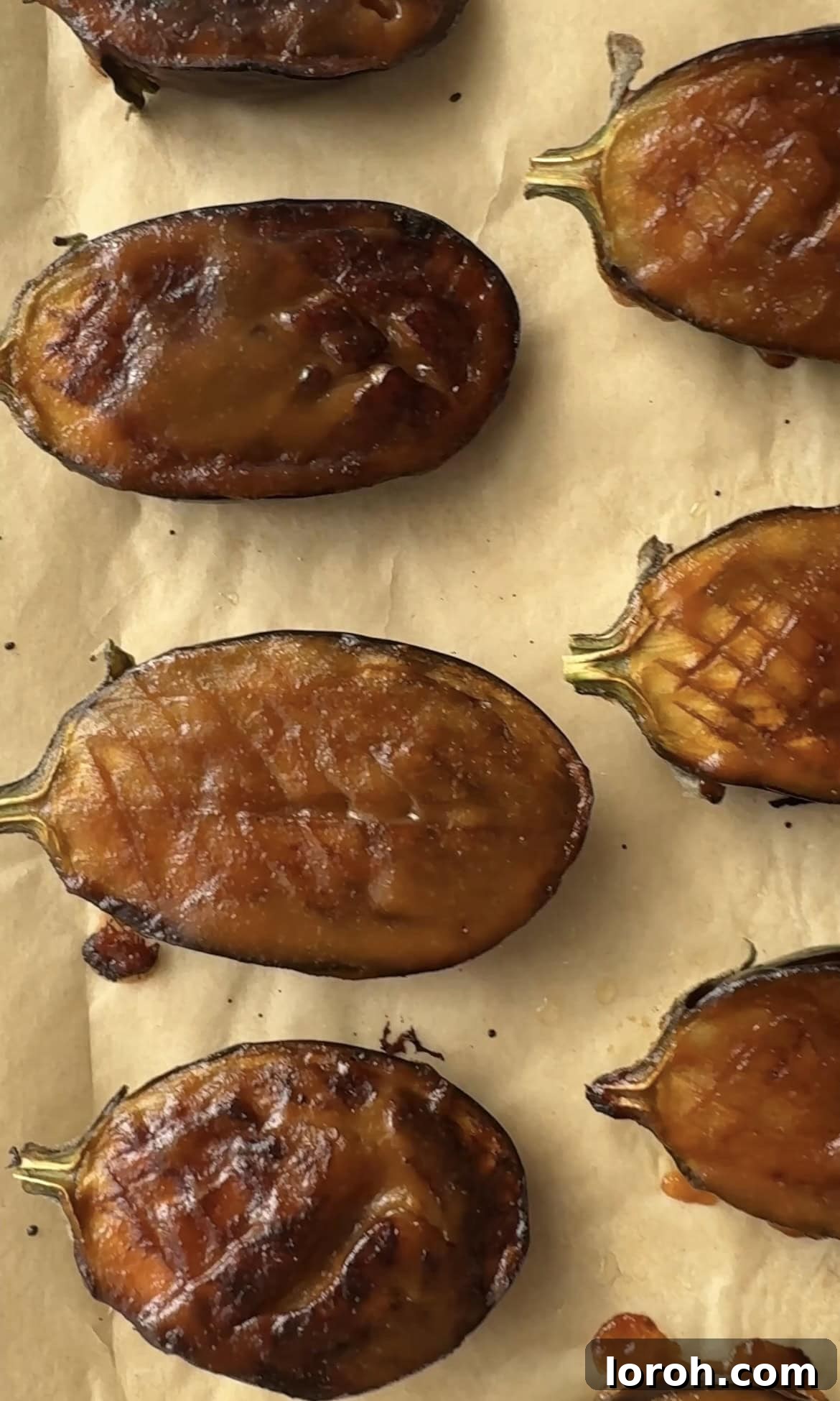 Miso aubergine on a roasted tray in the oven.