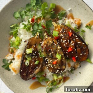 Miso aubergine in a bowl with rice.