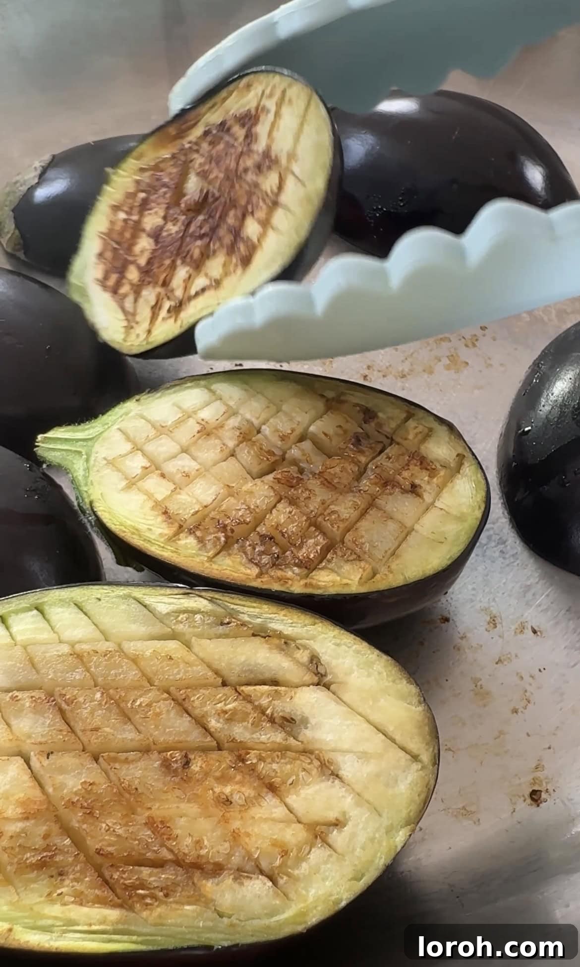 Pan-frying miso aubergine.