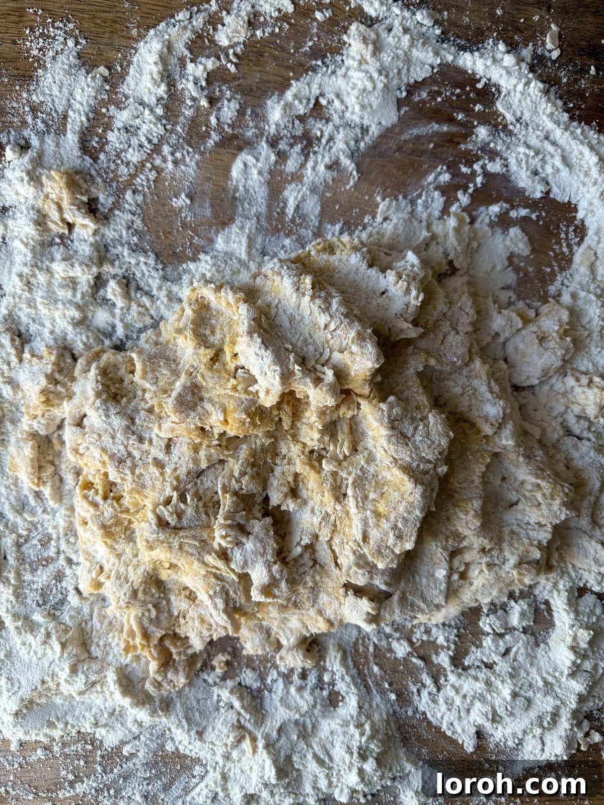 The Art of Homemade Pasta Dough 7 bringing the shaggy pasta dough together with a bench scraper.