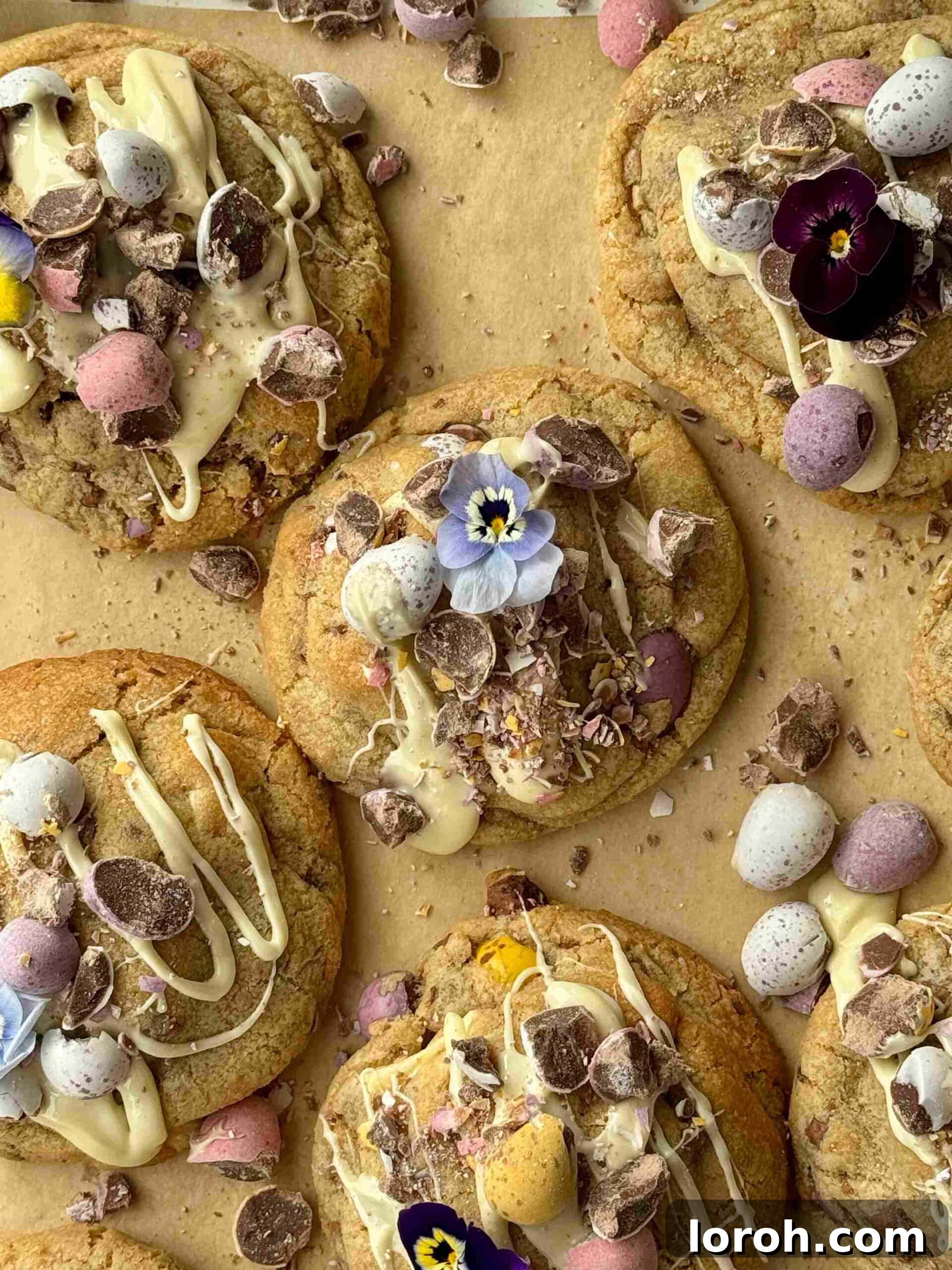 Speckled Egg Delights 2 mini egg cookies drizzled with white chocolate with edible flowers, perfectly baked and ready to enjoy.