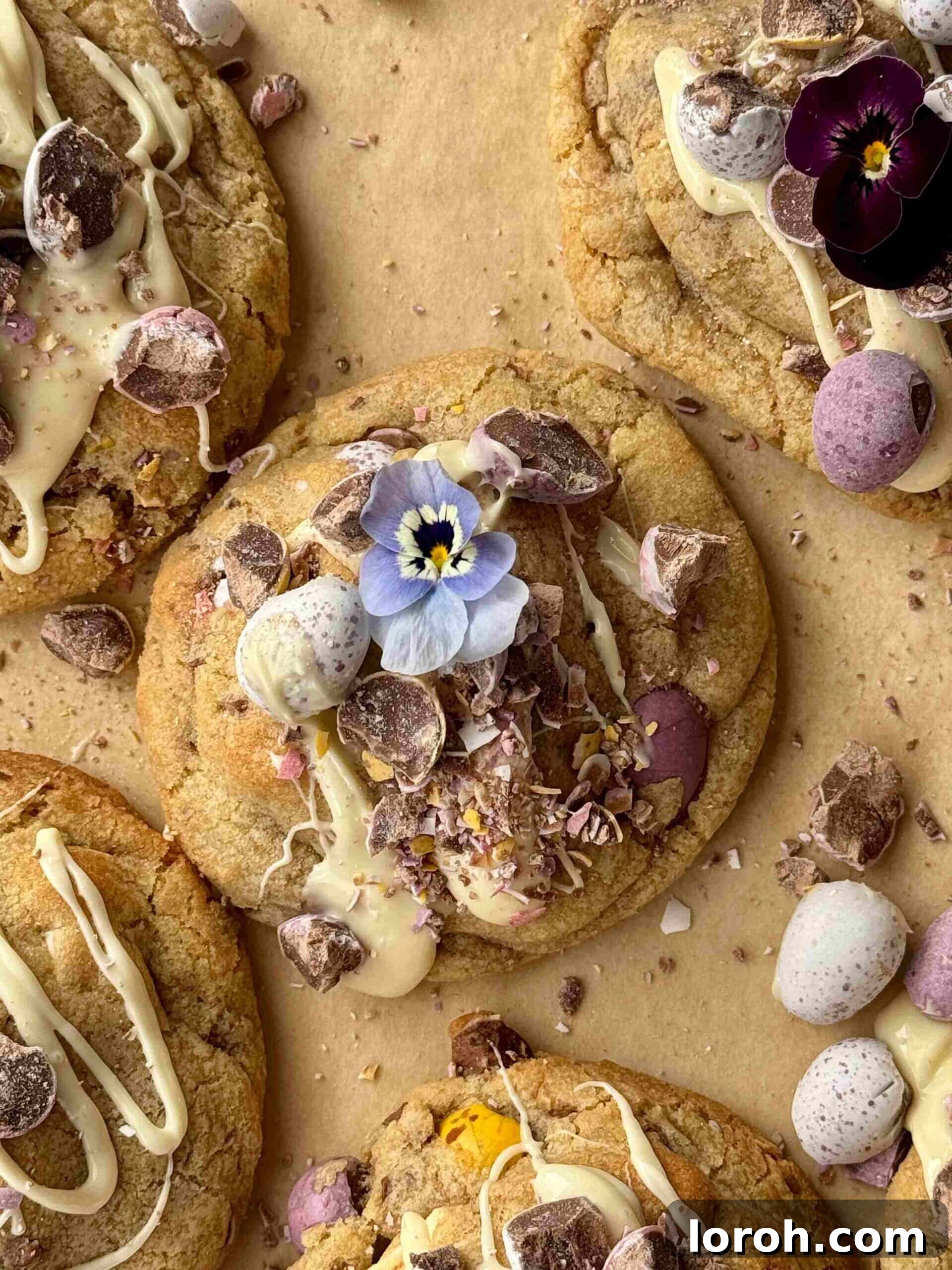 Speckled Egg Delights 10 mini egg cookies drizzled with white chocolate with edible flowers on a white plate, showcasing their perfect bake.