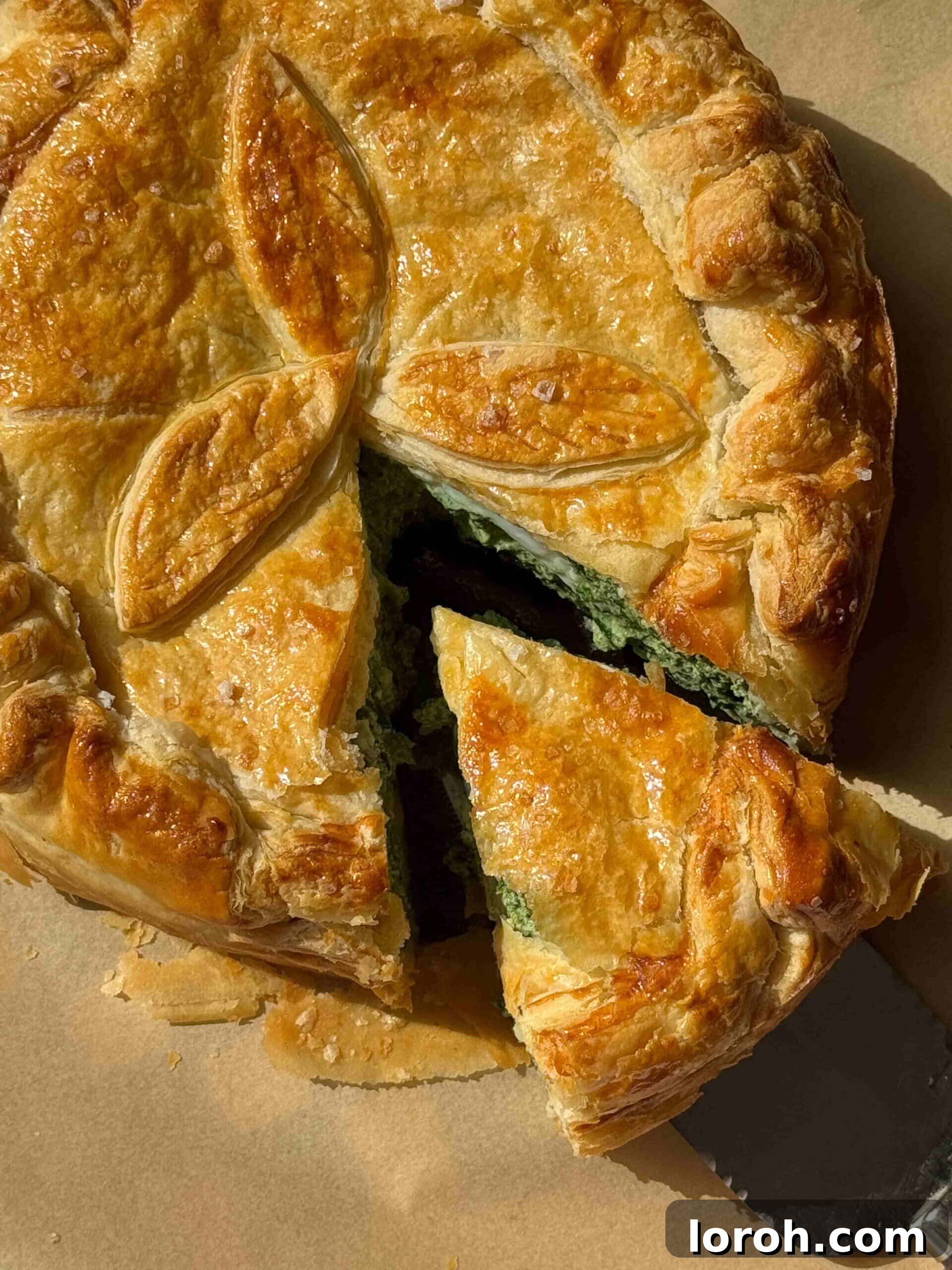 Torta Pasqualina with a slice removed, revealing the creamy filling and whole eggs.