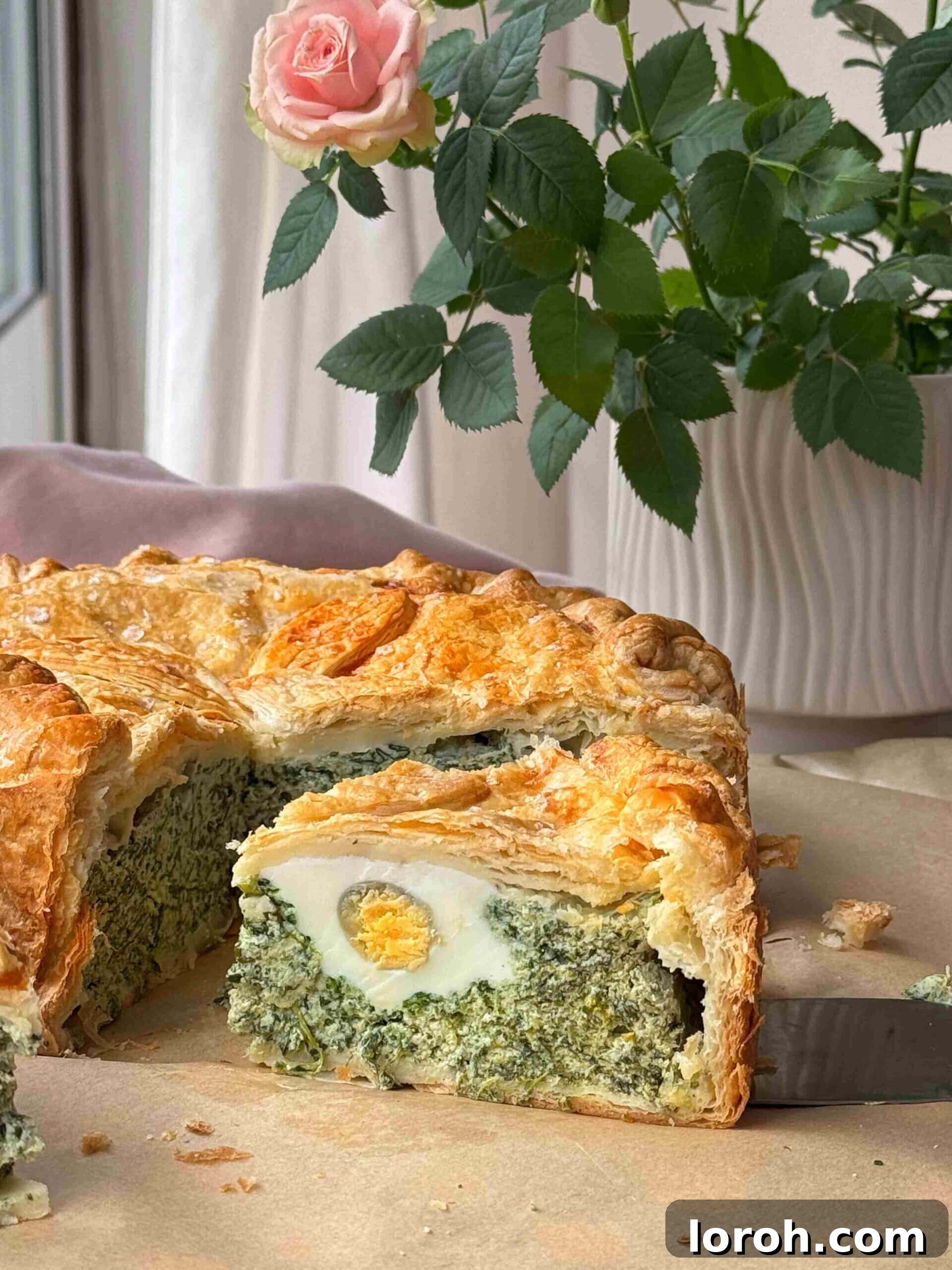 A perfectly portioned slice of Torta Pasqualina on a white plate.
