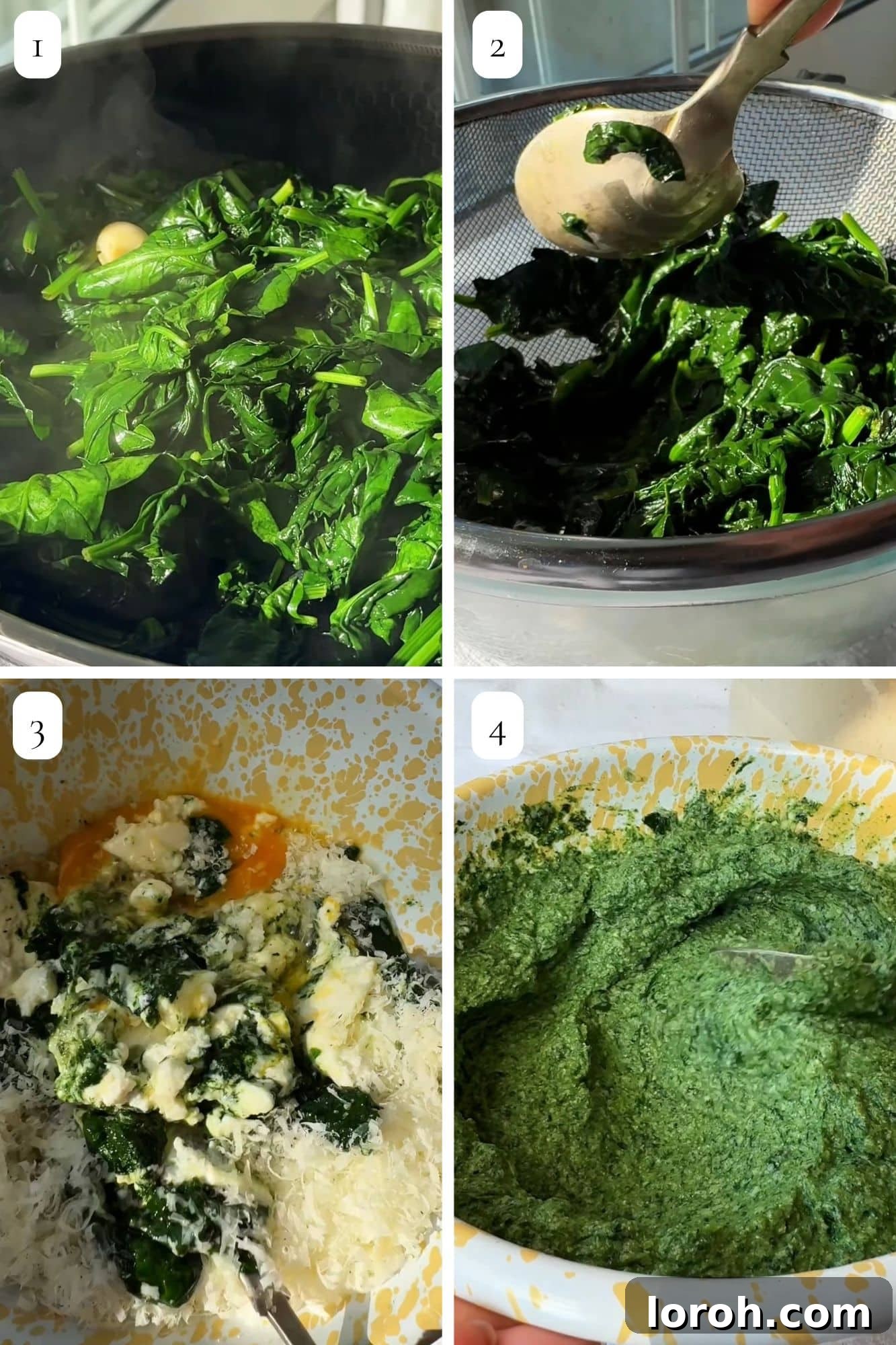 Step-by-step guide showing preparation of spinach and ricotta filling for Torta Pasqualina.