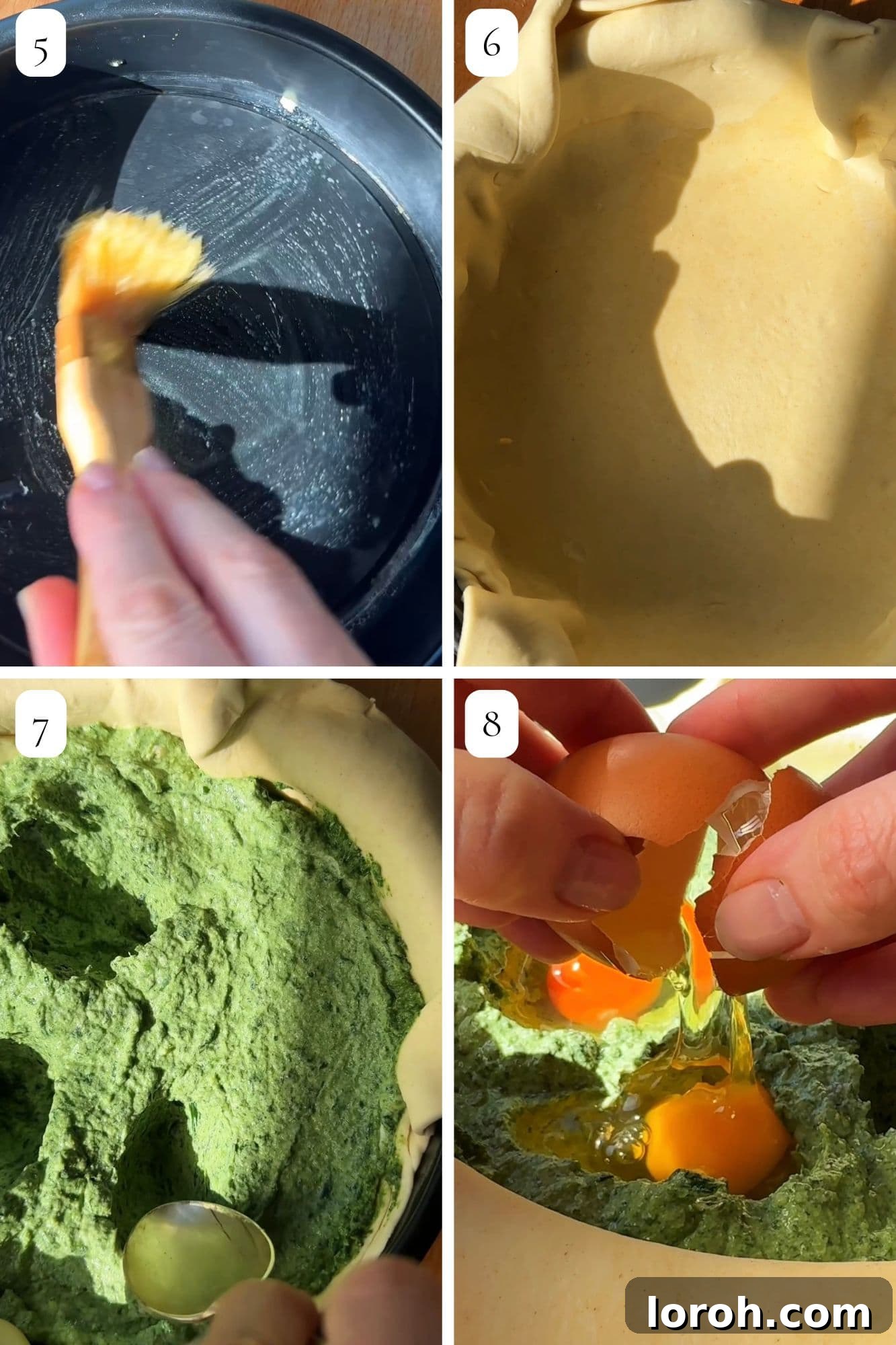 Step-by-step guide showing how to roll pastry and fill the Torta Pasqualina pie.