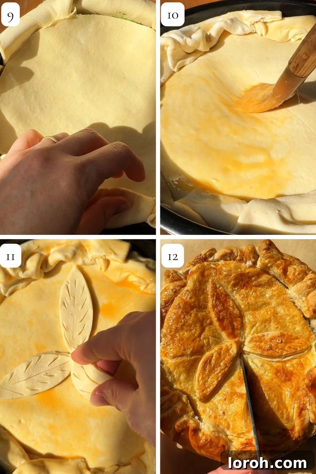 Step-by-step guide showing how to cover and bake the Torta Pasqualina pie.