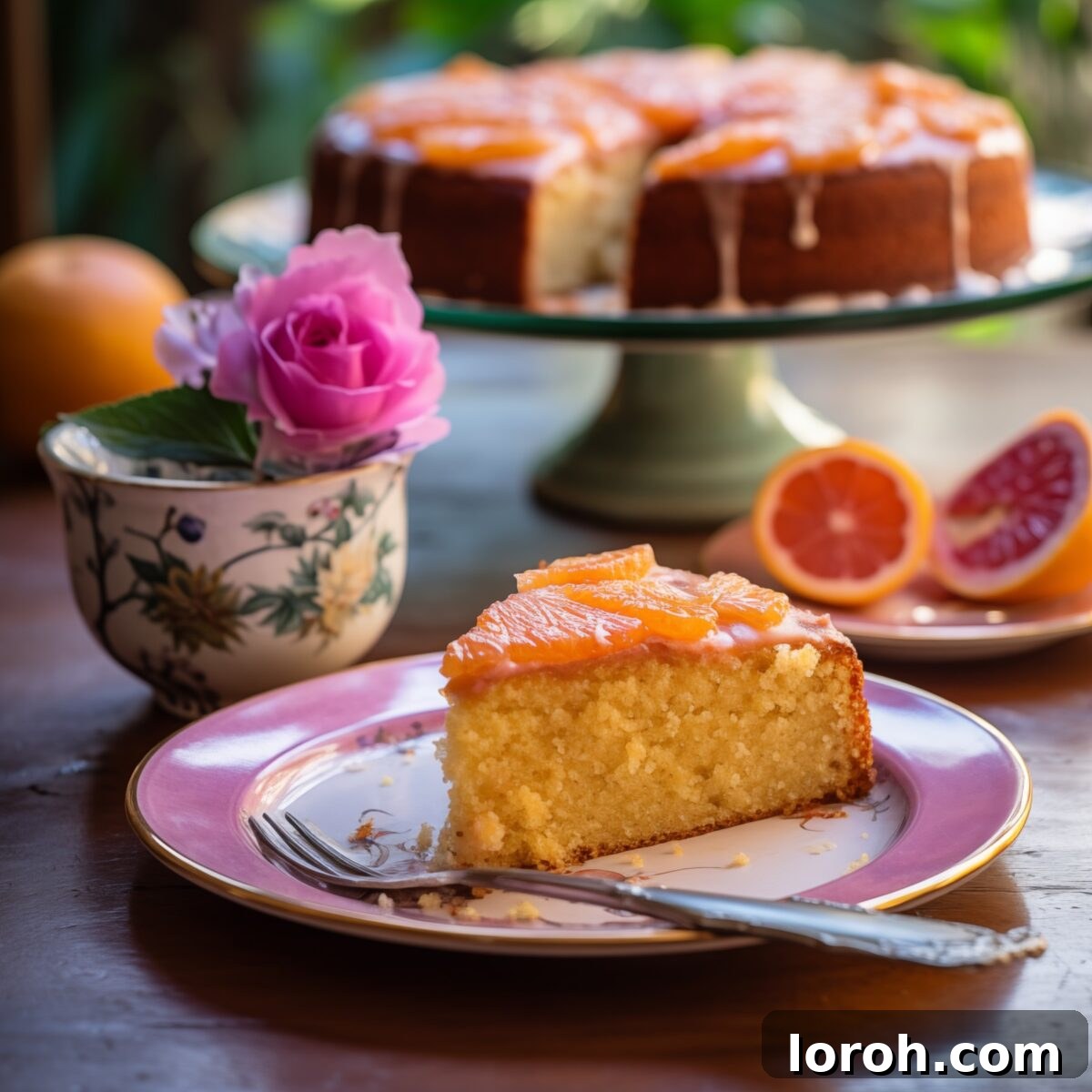 A delectable slice of Tunisian Orange Cake on a plate, with the full cake in the blurred background, showcasing its golden top and moist interior.