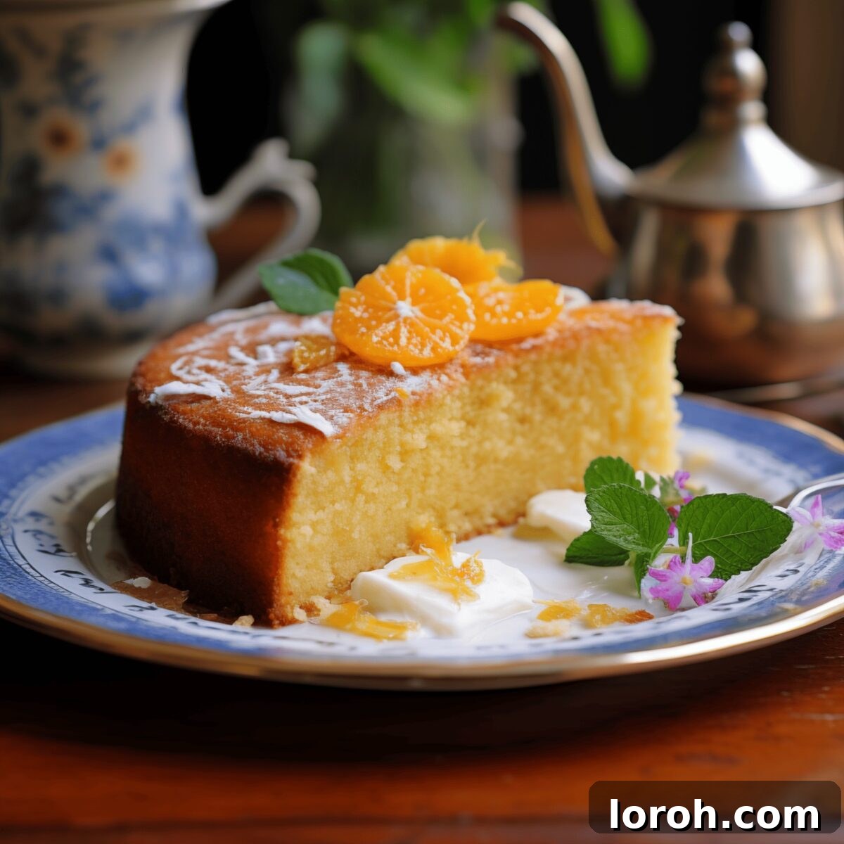 A beautifully baked Tunisian orange cake, half on a plate with fresh orange slices for garnish, highlighting its appealing golden texture.