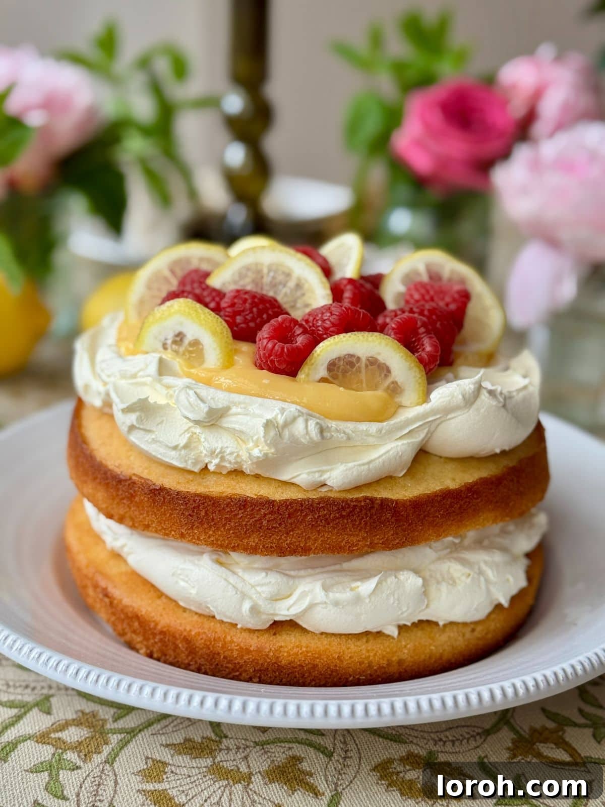 A beautifully decorated lemon curd cake on a pristine white plate, adorned with fresh lemon slices and vibrant raspberries.