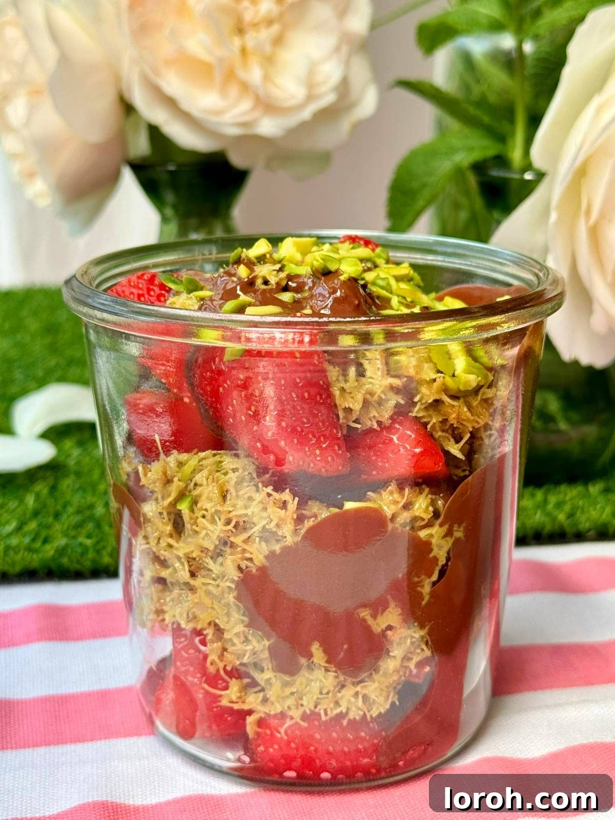 A beautiful glass filled with layers of Dubai chocolate, pistachio cream, kataifi, and fresh strawberries, topped with slivered pistachios.