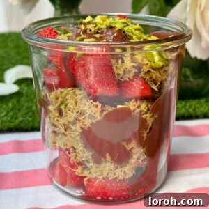 A glass filled with Dubai chocolate strawberry dessert, showcasing layers of deliciousness.