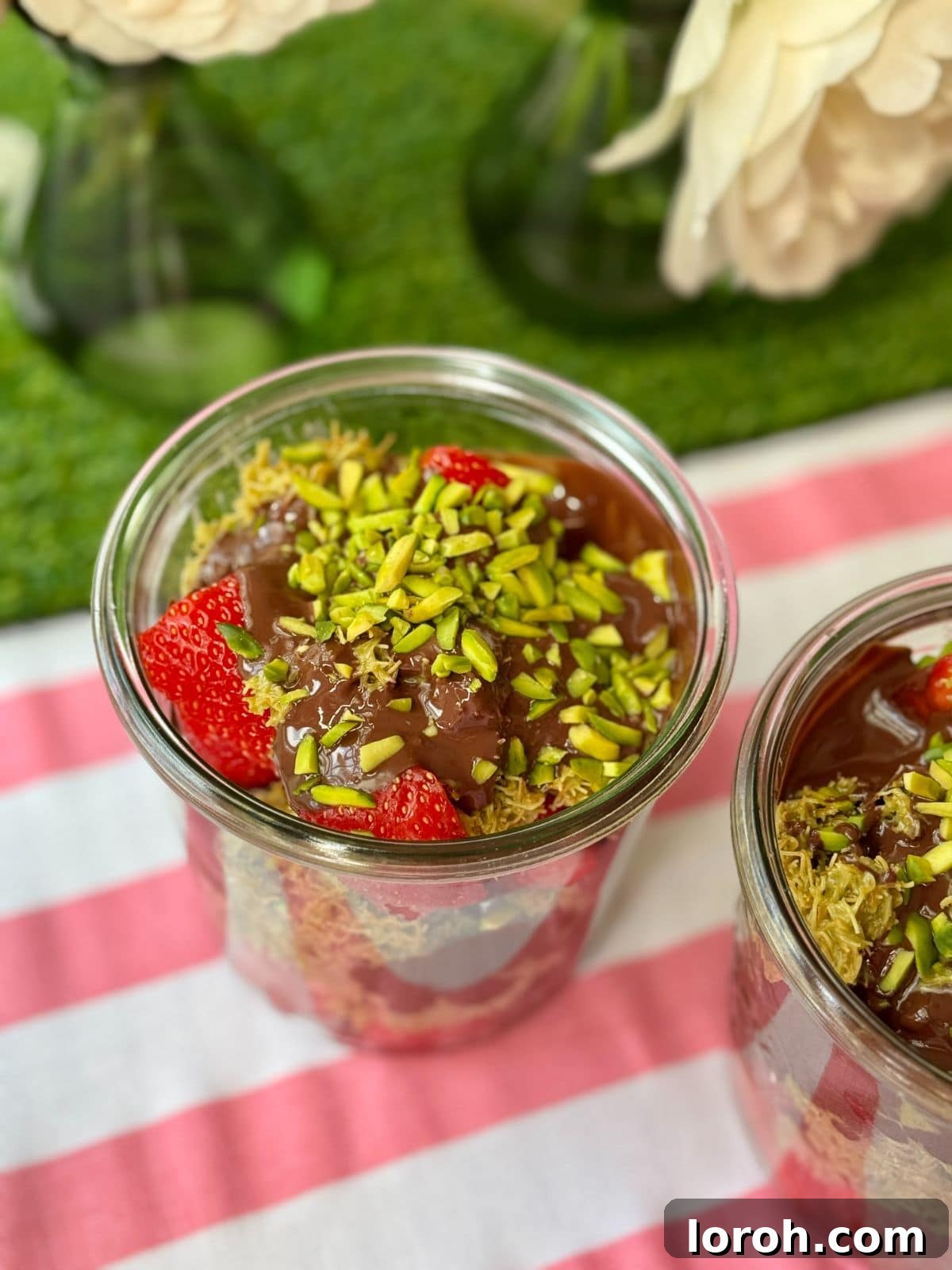 A close-up shot of a glass filled with Dubai chocolate strawberry dessert, highlighting the beautiful layers.