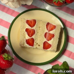 A delicious Japanese strawberry sandwich (Ichigo Sando) on a white plate with a green rim, ready to serve.