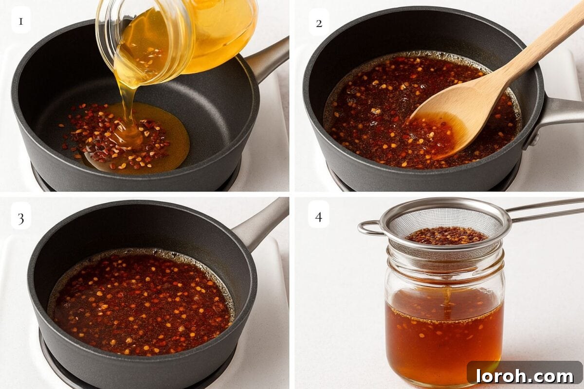 A four-panel image demonstrating the step-by-step process of making hot honey: combining ingredients, simmering, resting, and straining into a jar.