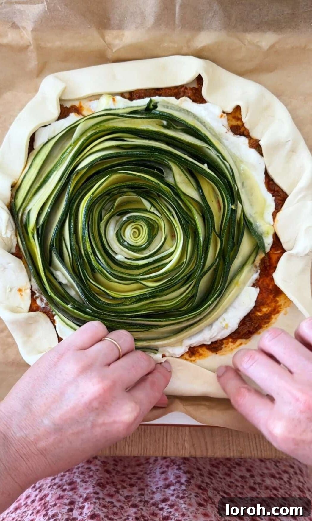 Golden Zucchini Feta Galette 8 The edges of the galette being folded inwards over the courgette and ricotta filling to create a rustic crust.