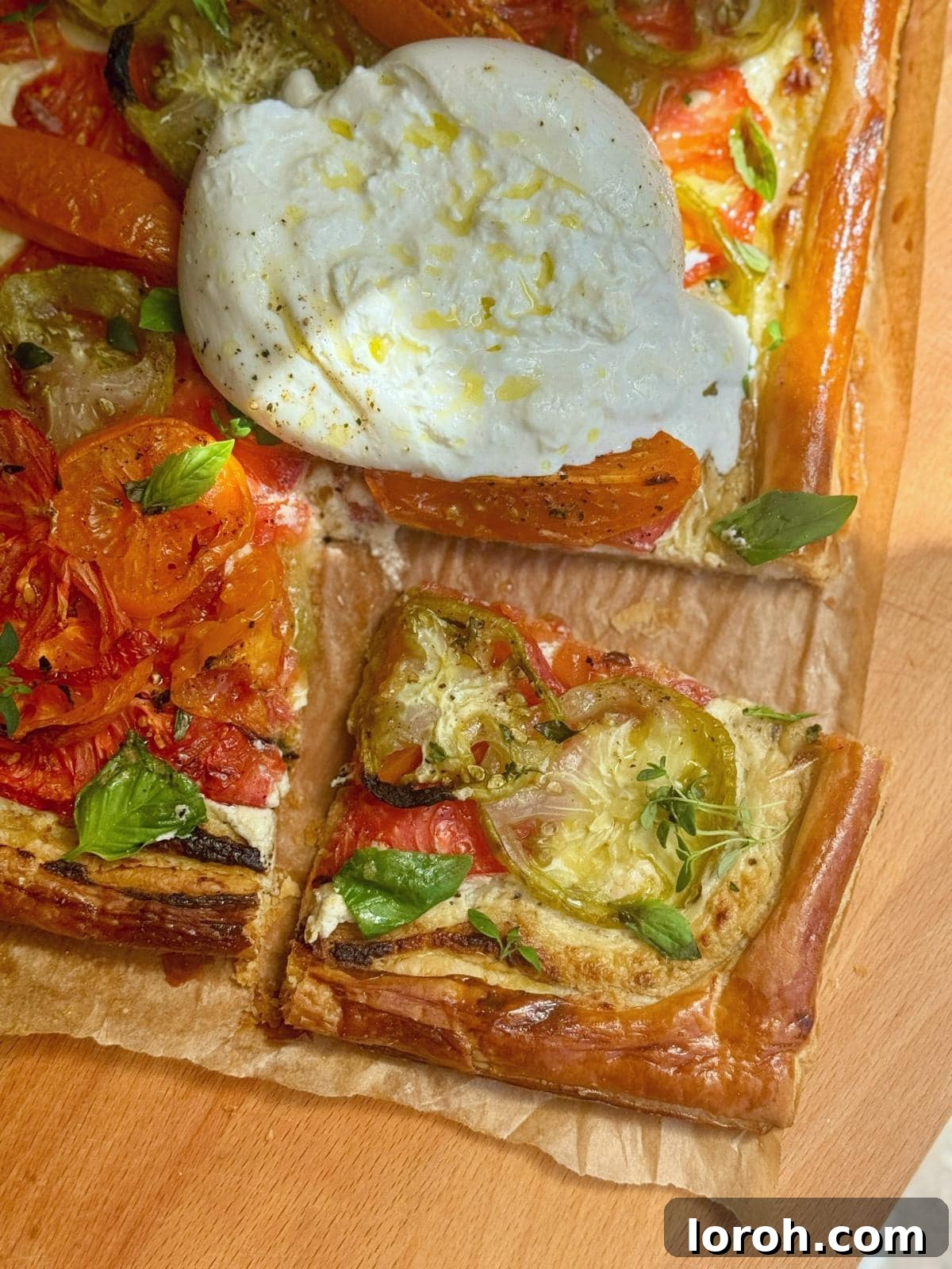 Close-up of a baked tomato puff pastry tart, glistening with olive oil and vibrant tomatoes.