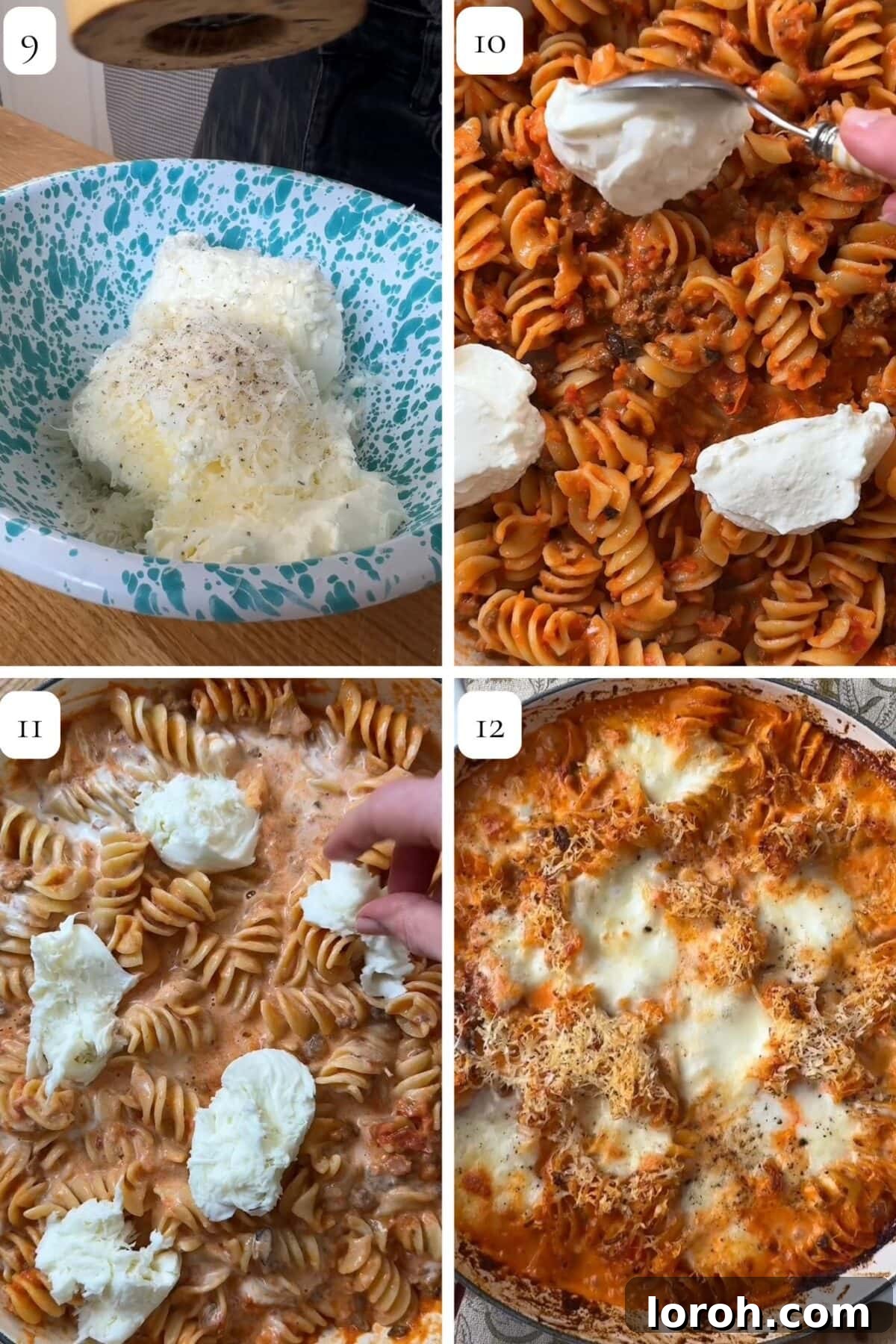 Hearty Bolognese Casserole 7 Step-by-step guide image showing pasta added to bolognese.