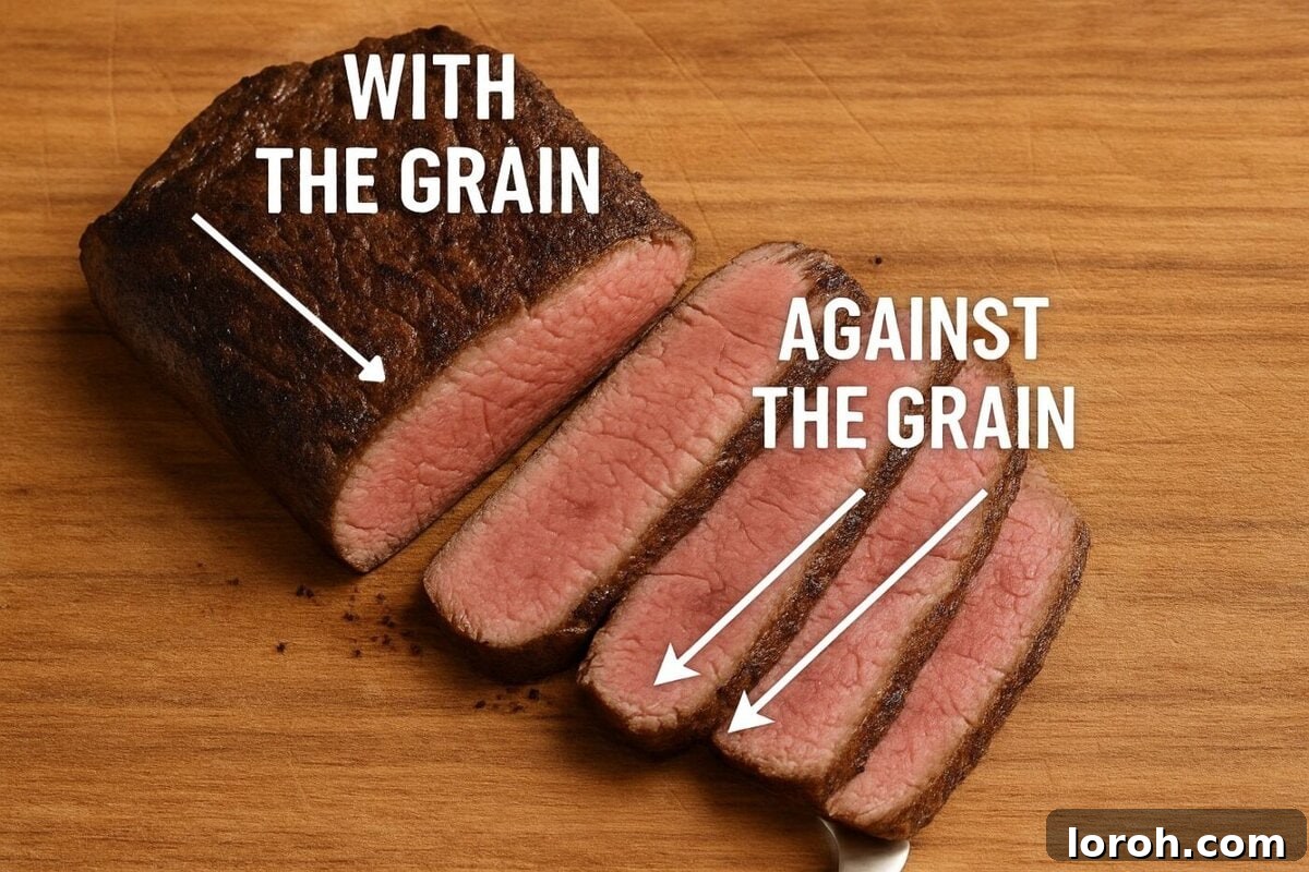 The Art of Perfect Rump Steak: A Comprehensive Guide 5 Visual guide on how to slice rump steak against the grain for maximum tenderness.