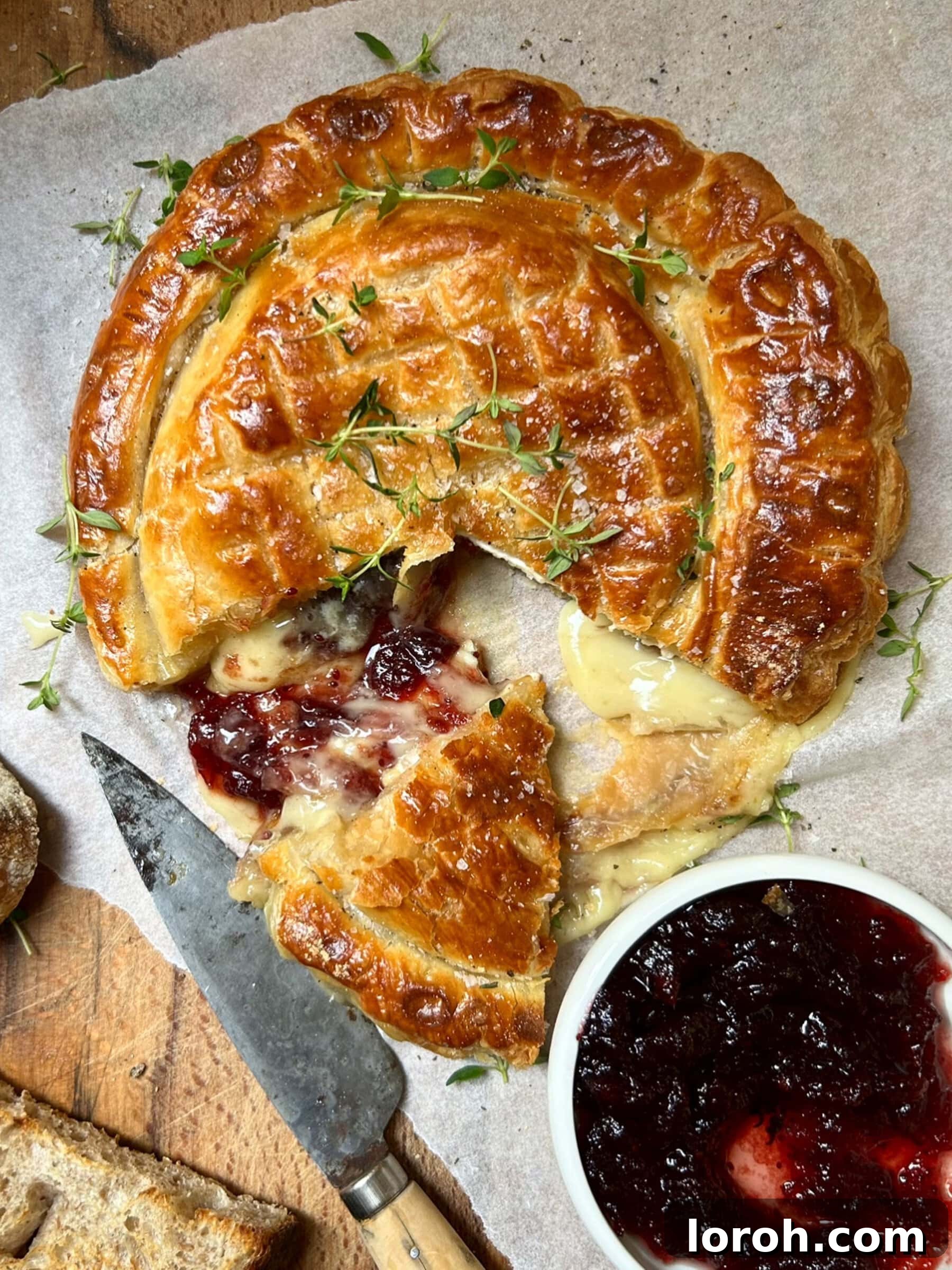 A hand slicing into a beautifully baked Camembert en Croute, revealing its melted, creamy interior ready for serving.