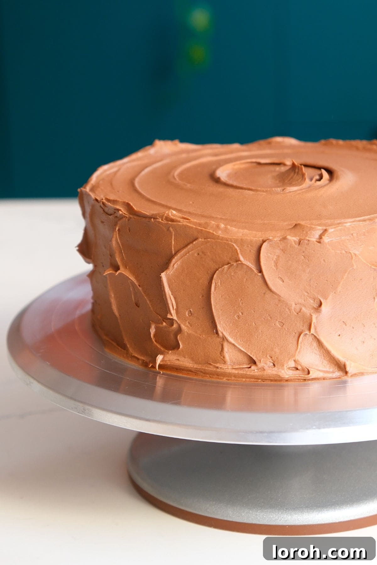 Decadent Chocolate Fudge Cake 4 A beautifully frosted chocolate fudge cake, ready to be served, showcasing its rich, dark icing.