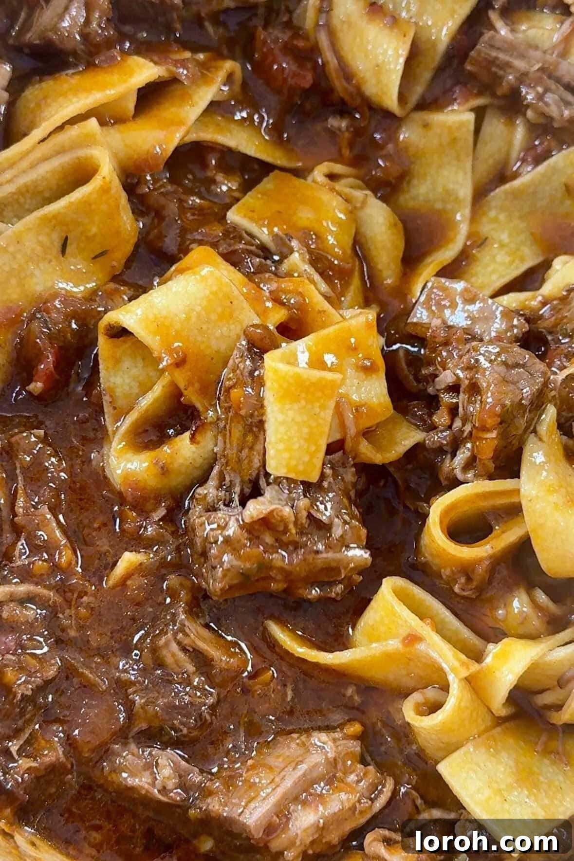 Close-up of beef short ribs ragu with pappardelle, garnished with fresh parsley.
