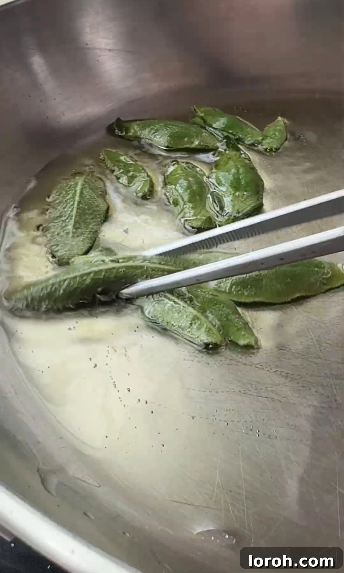 Fresh sage leaves frying until perfectly crisp in a pan.