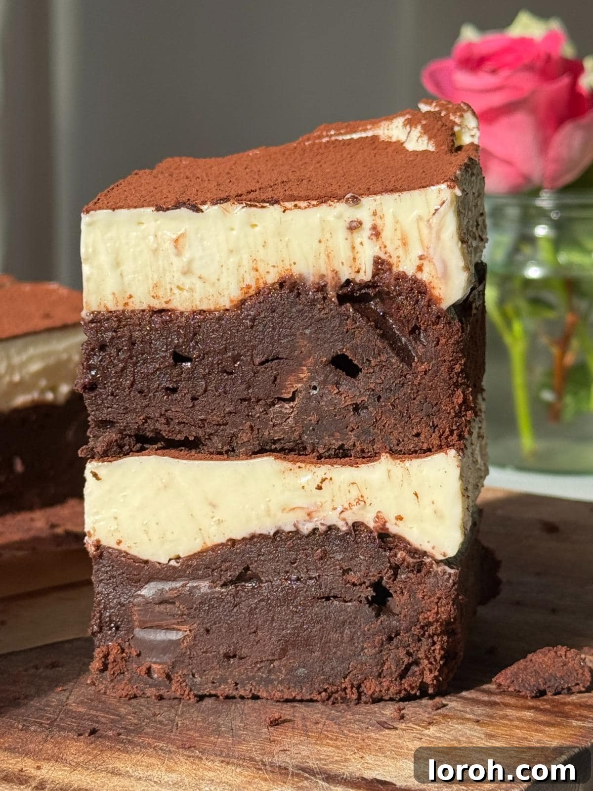 Decadent Cheesecake Brownies 3 A stack of two perfectly layered cheesecake brownies.
