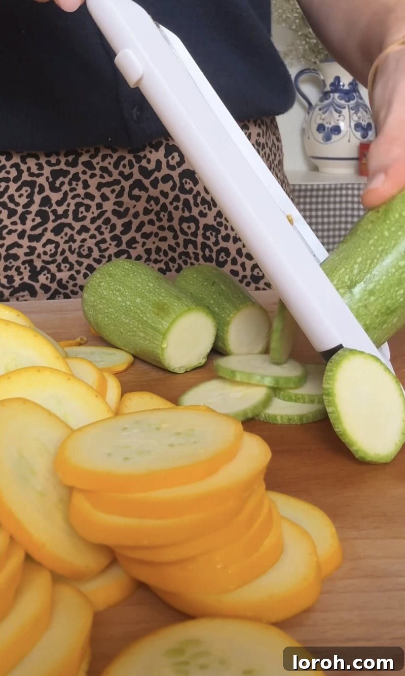 Thinly slicing fresh courgettes using a mandoline for even layers in the gratin.