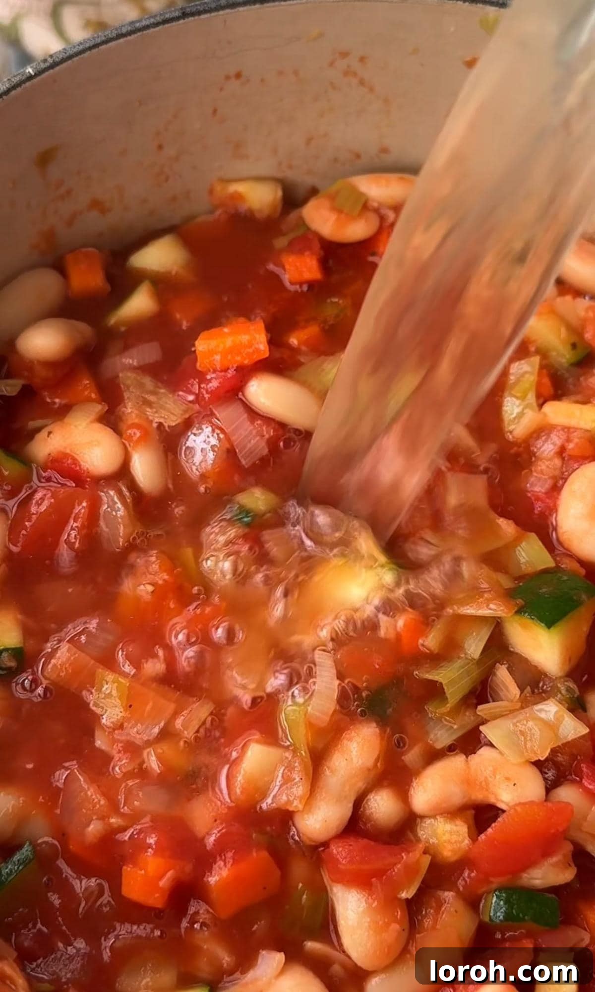 Rustic Tomato and Bean Stew with Cavolo Nero 6 Pouring vegetable stock into the simmering bean stew mixture in the saucepan.