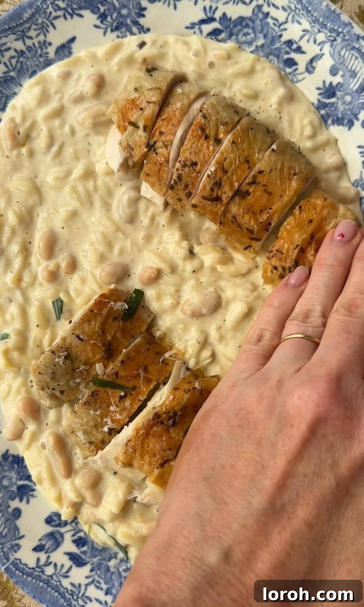French Rustic Chicken Pot Roast 9 Serving carved chicken over creamy beans and orzo.