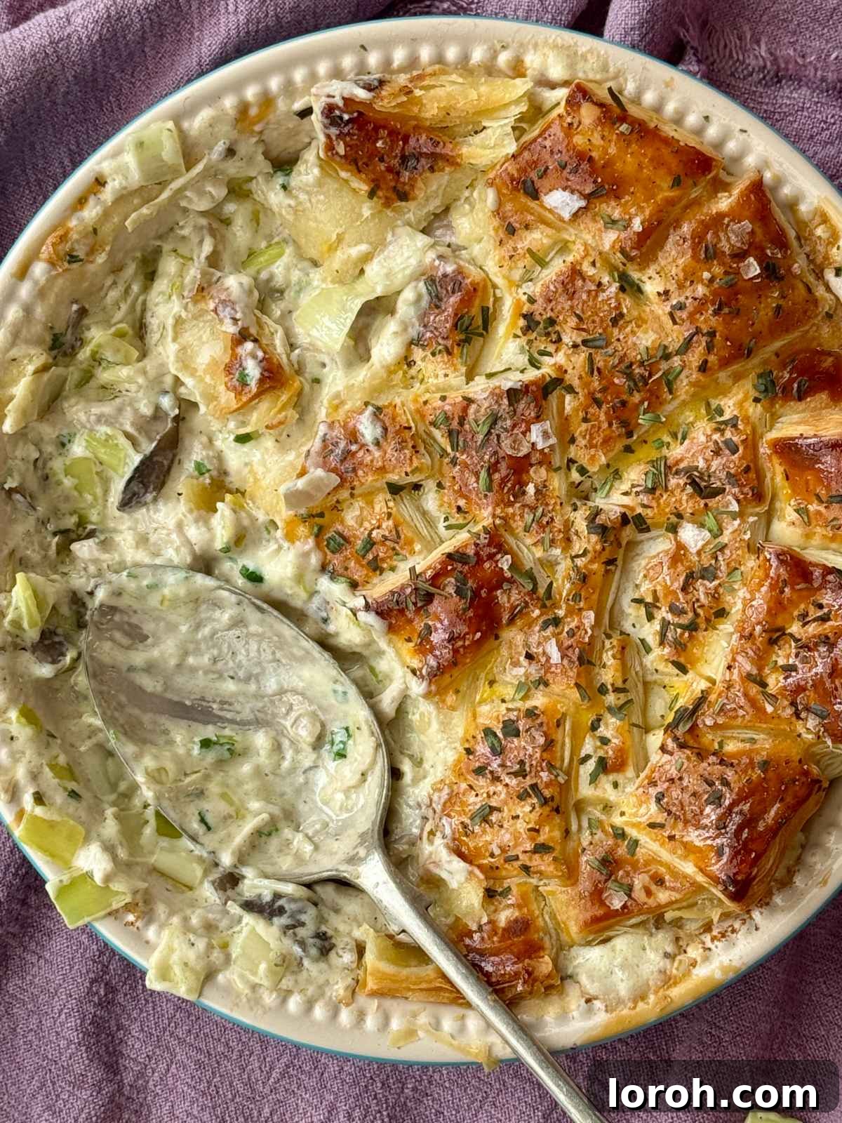 Velvety Chicken, Mushroom, and Leek Pie 2 A golden, bubbly creamy chicken pie with mushrooms and leeks in a classic ceramic pie dish, ready to be served.