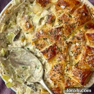 A perfectly baked creamy chicken pie with mushrooms and leeks in a pie dish, garnished and ready to serve.