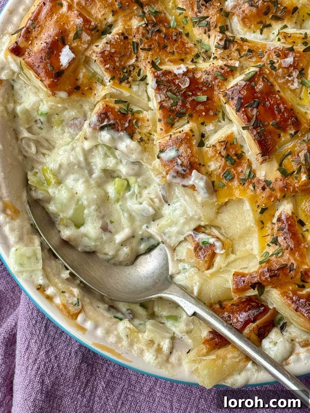 Velvety Chicken, Mushroom, and Leek Pie 10 A close-up shot of a creamy chicken pie with mushrooms in a rustic pie dish, steam gently rising.