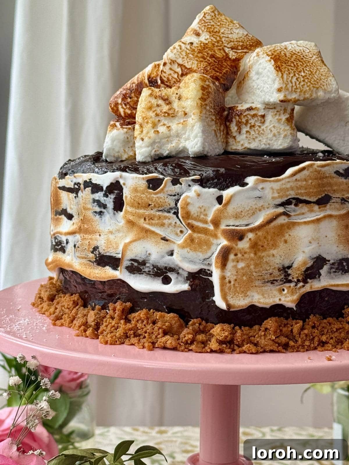 Ultimate Smores Indulgence 2 Decadent S'mores cake topped with fluffy, golden toasted marshmallows, ready to be served.