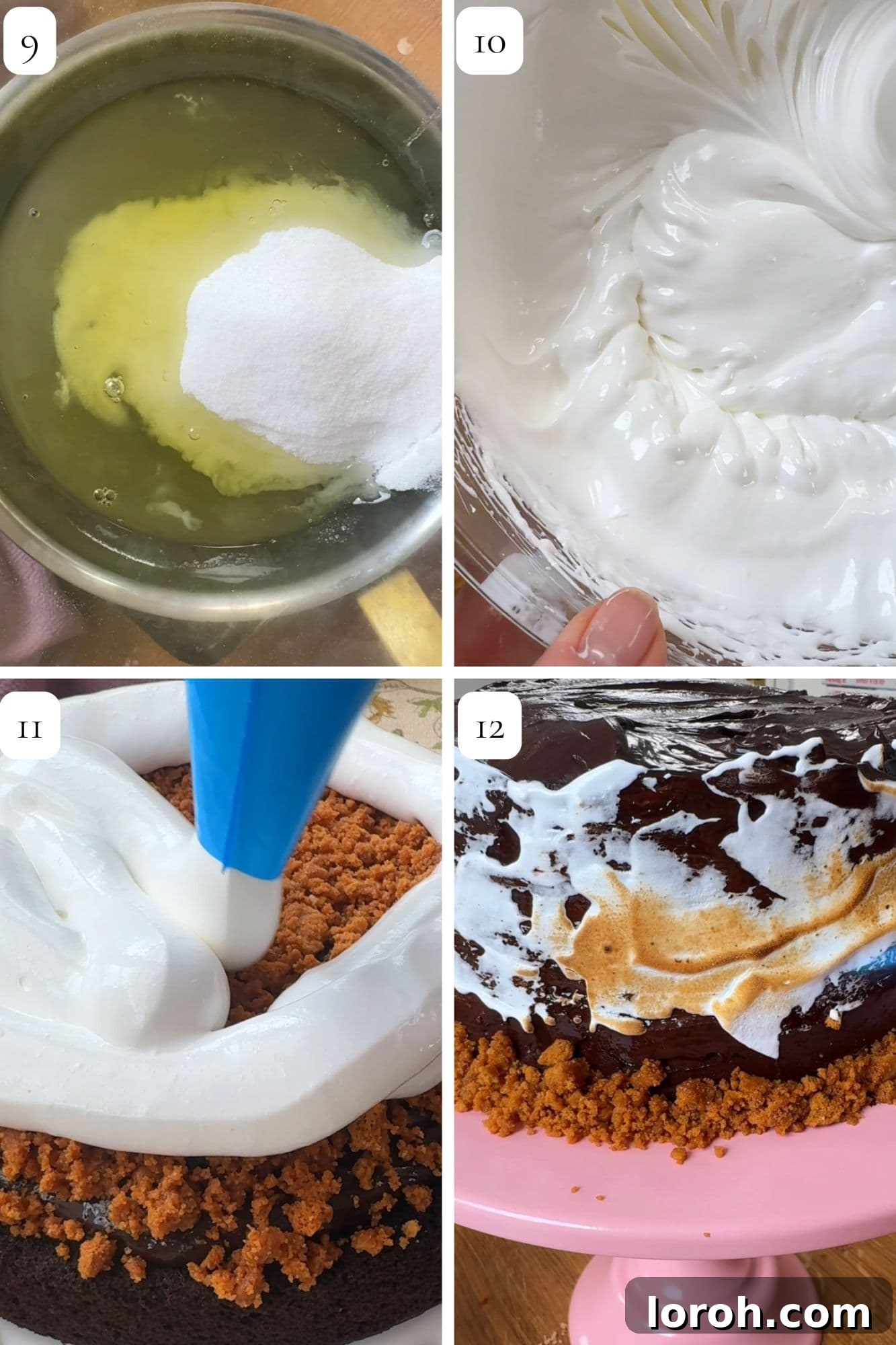 Ultimate Smores Indulgence 6 Step-by-step image showing fluffy marshmallow frosting being piped onto a cake layer.