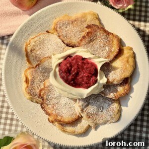 A plate of golden racuchy (Polish apple pancakes) adorned with raspberry compote and a dollop of whipped cream, inviting indulgence.