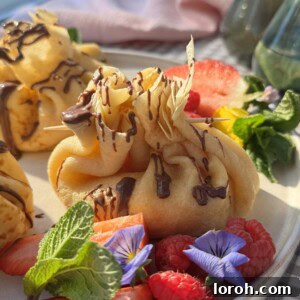 Elegant Aumônières de Crêpes (French pancake parcels) drizzled with rich Nutella, served on a pristine white plate.